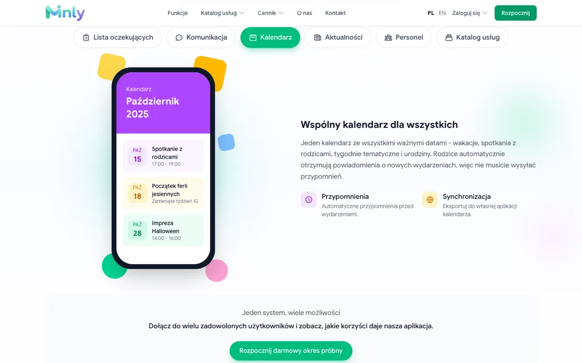 Moduł kalendarza w Minly