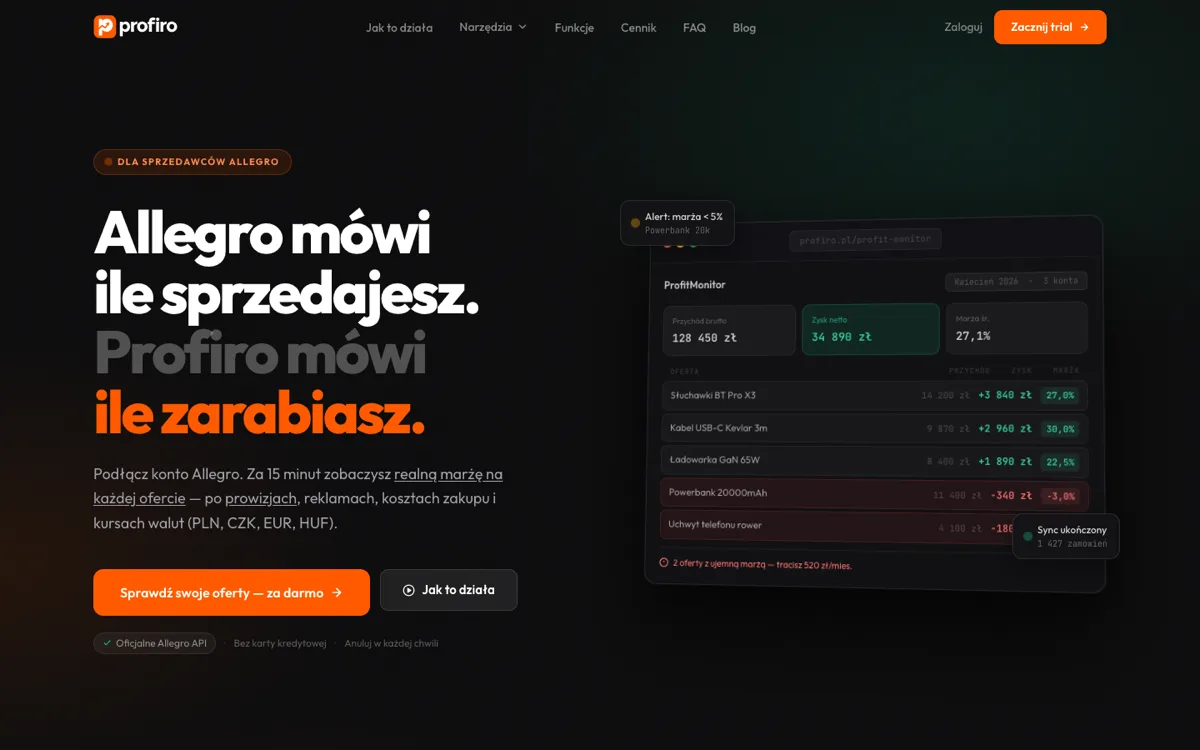 Profiro, panel analizy rentowności sprzedaży na Allegro
